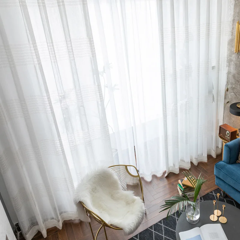 Modern white Striped Window Tulle Curtains for Living Room Shiny Yarn Luxury Sheer Curtains for Bedroom Voile Blind Net Curtains