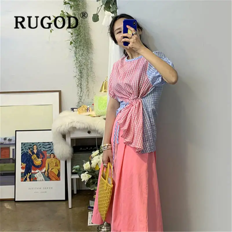 Женская ассиметричная блузка RUGOD клетчатая Повседневная Блузка с рукавами