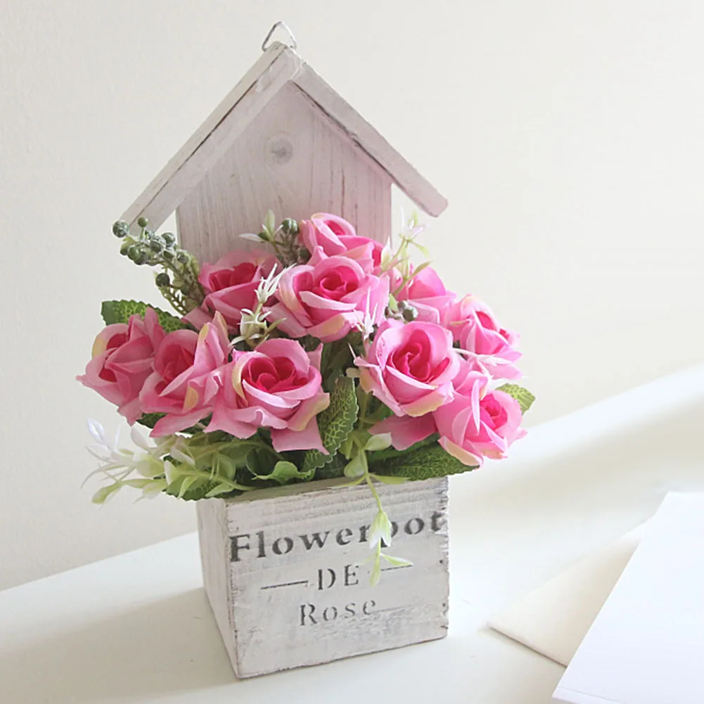 1Pc Artificial Flower Wooden Cabin Pot Bonsai Garden Wedding Living Room Decor Plants | Дом и сад