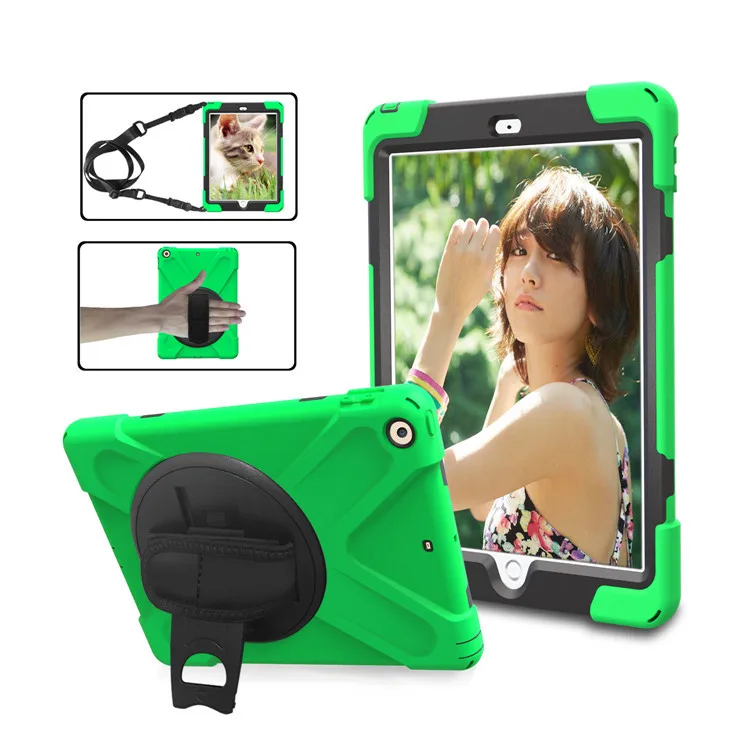 Green Силиконовый чехол для iPad 9,7 A1893 A1822 чехол для планшета ударопрочный 360 Поворот подставка с плечевым ремнем для iPad - Цвет: Green