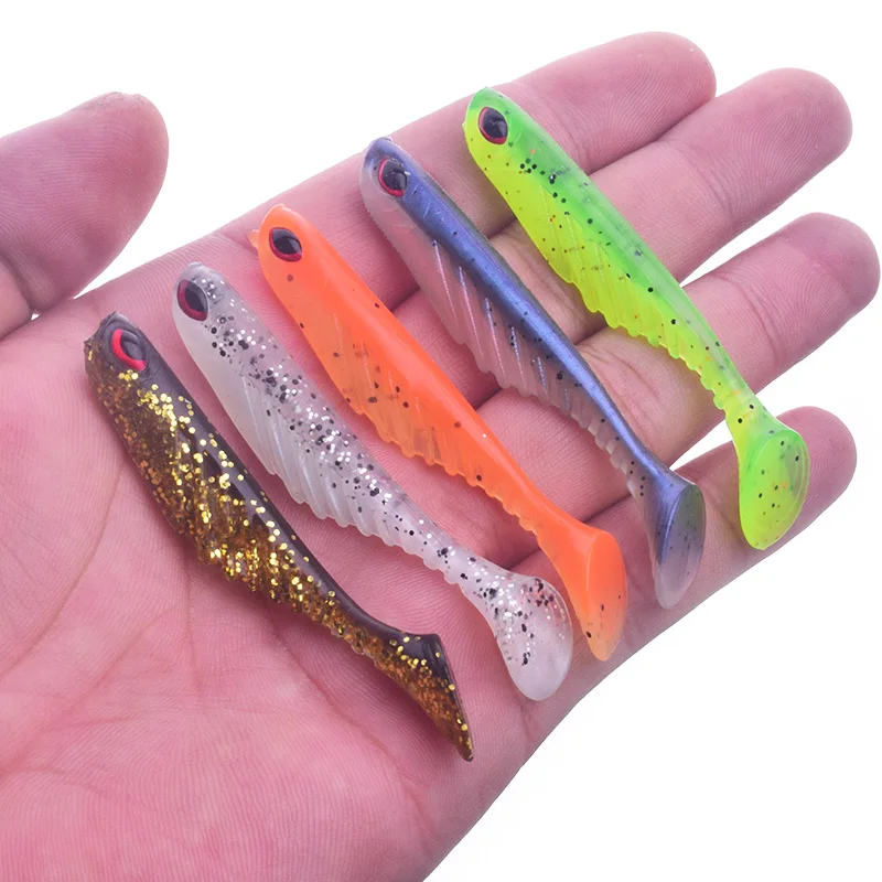 5pcs/Lot Jigging Soft Bait 7cm 2.9g T Tail Fish Jig Wobblers Fishing Lure Double Color Silicone Sequin Swimbait Spinner Lures