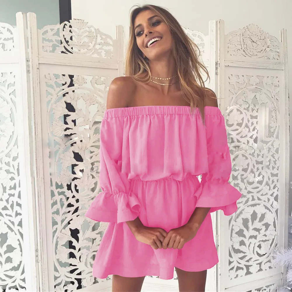 Женское праздничное платье с расклешенным рукавом и открытыми плечами летнее