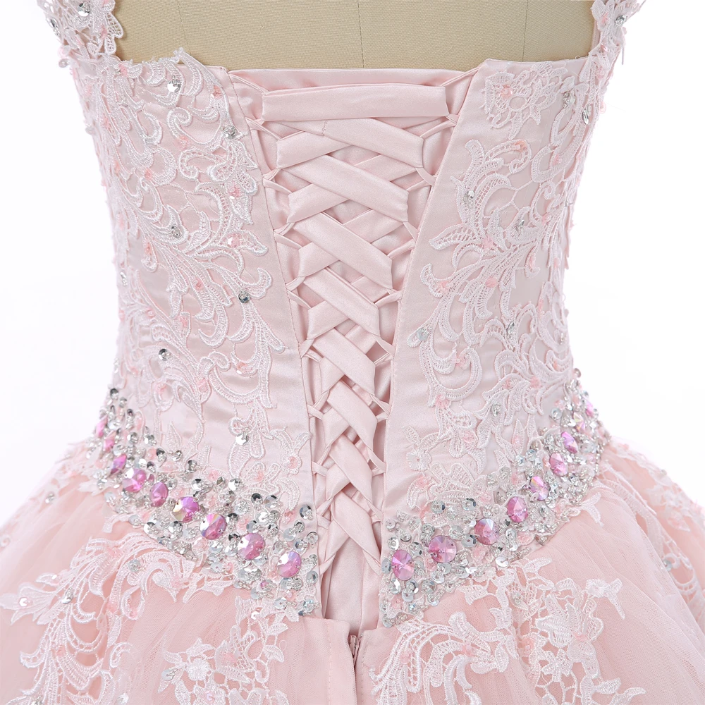 Розовое бальное платье Quinceanera рукава крылышки тюлевые Аппликации кружева бисер