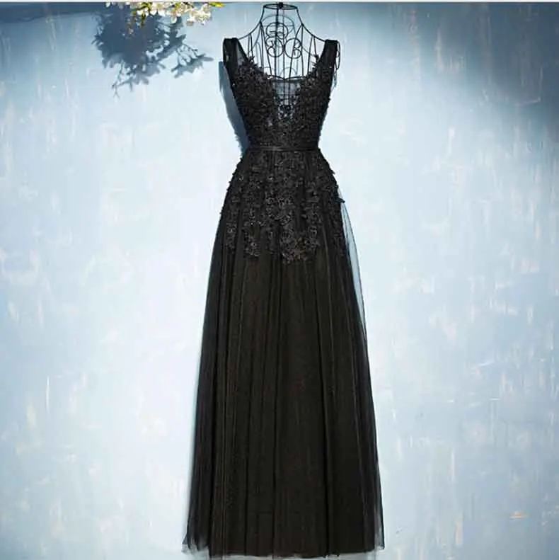 Black Sleeveless Серое вечернее платье женское свадебное кружевное платье с вышивкой для невесты красное ковровое платье для женщин темно-синее черное розовое красное размера плюс 5XL 4XL - Цвет: Black Sleeveless