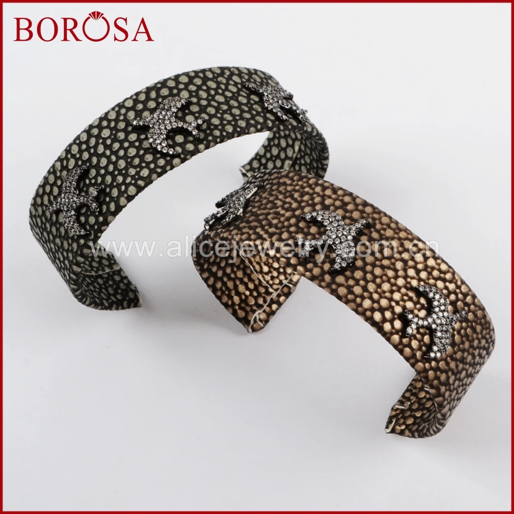 Модный браслет BOROSA 3 шт. ручной работы из рыбной кожи с фианитом и птицами