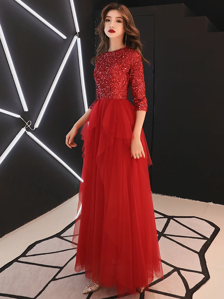 Robe De Soiree Evening Dress 2019 Shiny Sequined O-neck Tiered Pleat Wine Red Dinner Gowns LF414 | Свадьбы и торжества