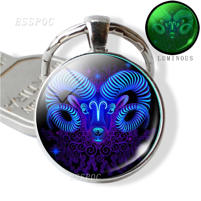 

12 Constellation Luminous Key Chains Glass Cabochon Pendant Zodiac Sign Key Rings Holder Birthday Gift Glow In The Dark