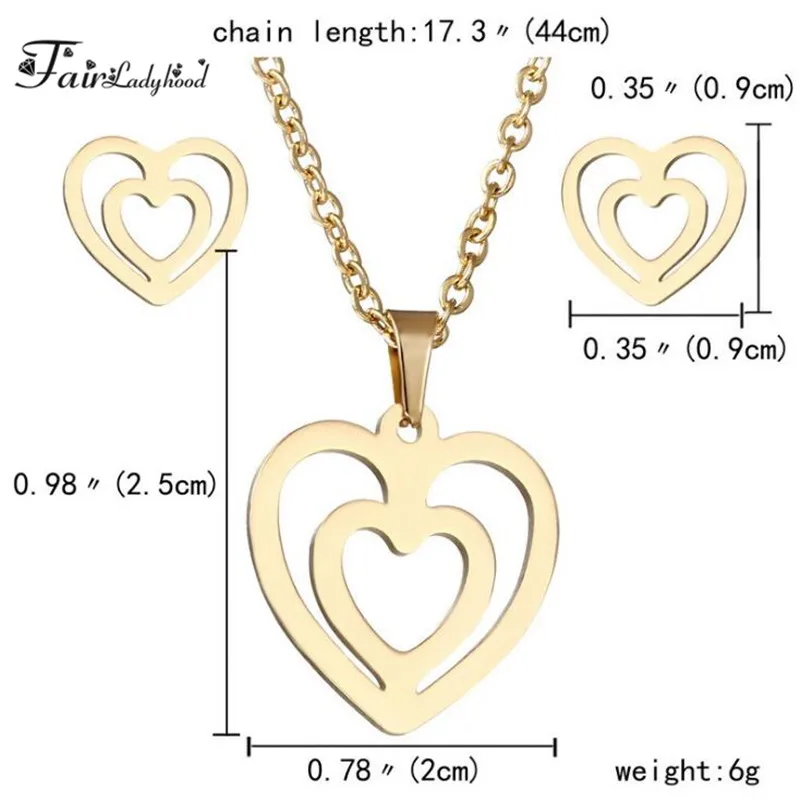 Fairladyhood Double Heart Sweater Chain Necklace and Cute ouble Earrings Custom Stainless Steel Girl Jewelry Set | Украшения и
