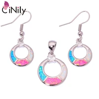 cinily created white blue pink fire opal cubic zirconia silver plated jewelry set wholesale women jewelry pendant earrings ot70