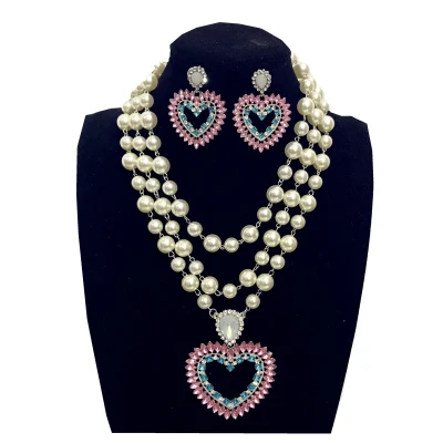 PINK-Jewelry set Qiaose Новое жемчужное колье ручной работы с кулон в виде сердца со стразами ожерелье ювелирные изделия ожерелье в богемном стиле Женское Ожерелье - Окраска металла: PINK-Jewelry set