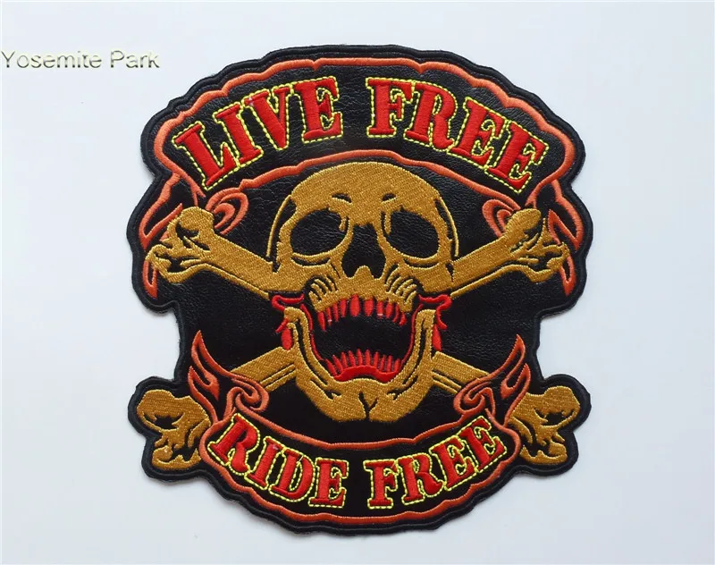 

Embroidery PU Skull "Live free" Ride free Patches Motorcycle MC Biker Patches IRON- ON Back motor racing for vest Jackets