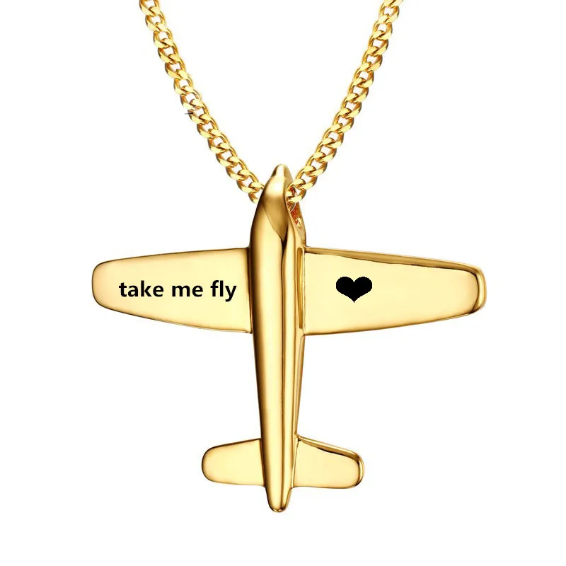 Gold Stainless Steel Aircraft Pendant Necklace Unique Custom Name Plane For Men Women Jewelry Free Engraving|name necklace|necklace namenecklaces