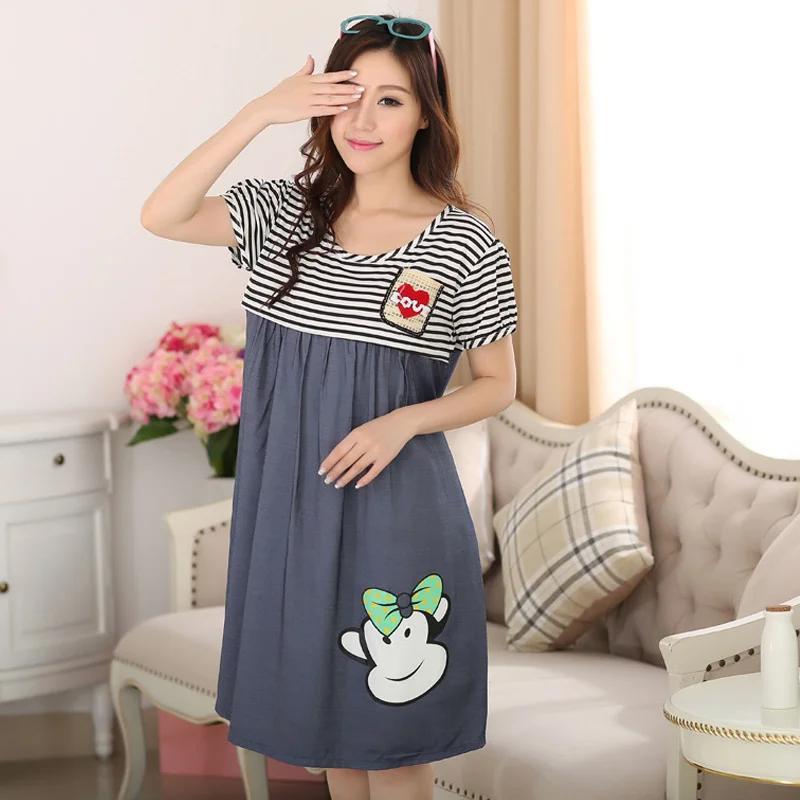 

Pregnant Denim Dress Summer Cartoon Pattern Short Sleeves Cotton Round Neck NSV775