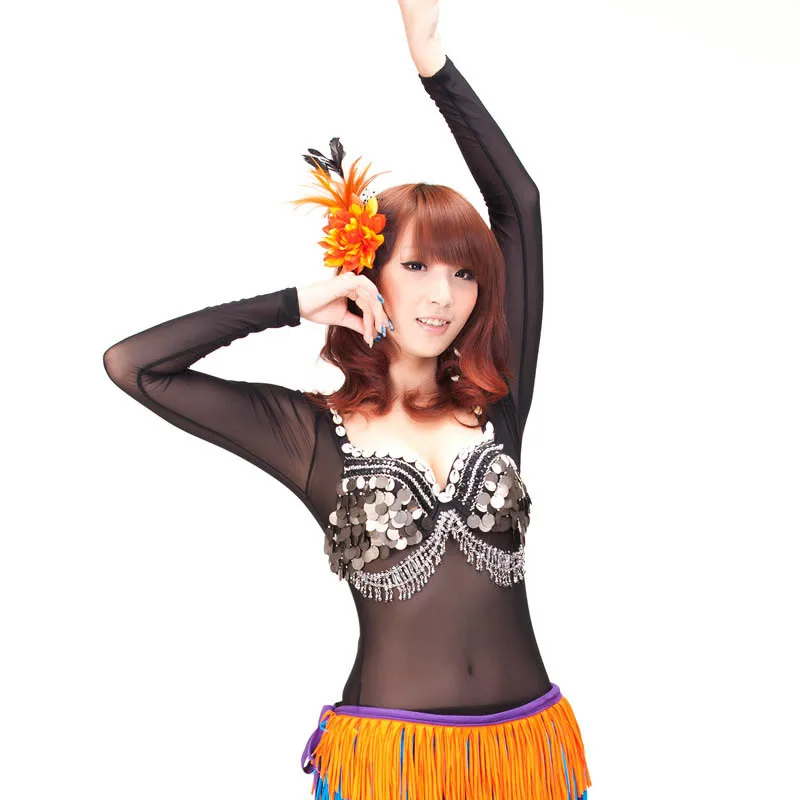 

Women Tribal Belly Dance Wrap Dancing Black Crystal Costume Bra transparent yarn Long sleeves Belly dance Bottoming Shirt