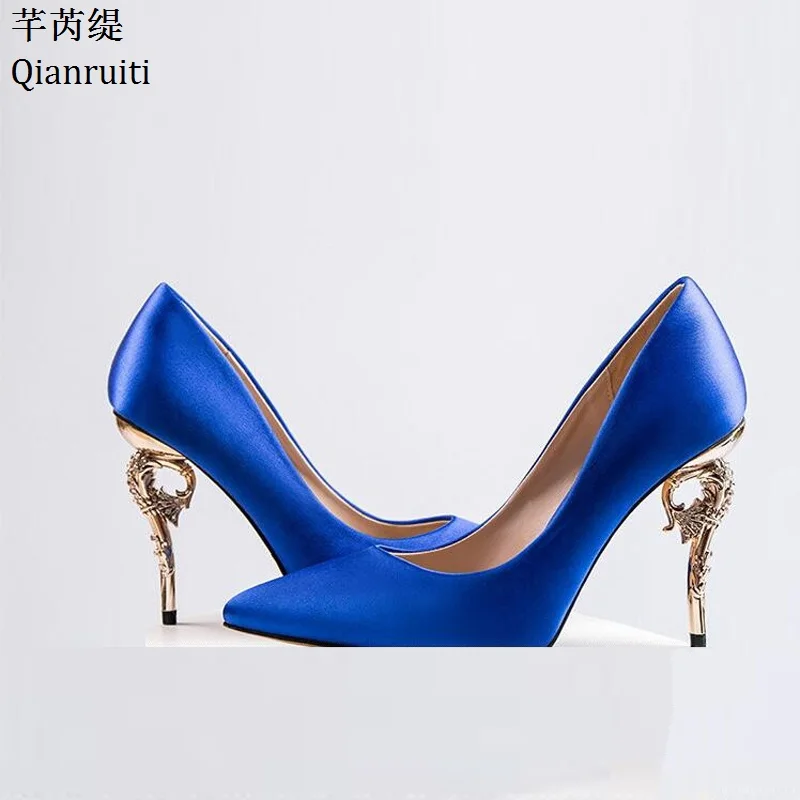 Qianruiti Pink Red Silk Stiletto Heels Women Single Shoes Metal High Bridal Wedding Sexy Pointed Toe Pumps | Обувь