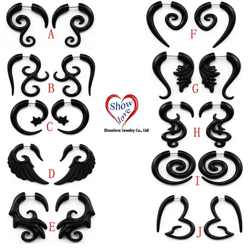 Showlove-2pcs, черные акриловые ушные спирали, поддельные Обманщики, спиральные ушные конусы, растяжки, расширитель, пирсинг, ювелирные изделия