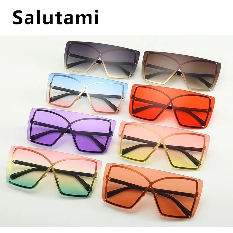 

Pink Yellow Square Sunglasses For Women Double Color One Pieces Flat Sun Glasses Men Alloy Rimless Eyewear 2019 Brand Shades