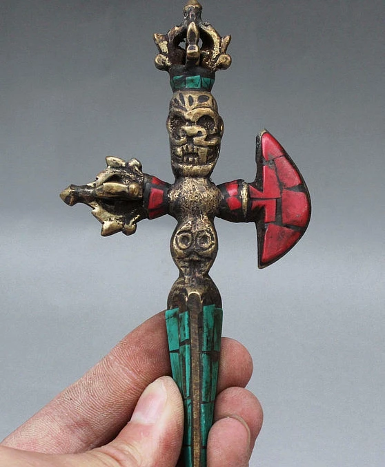 SCY Buddhism Bronze Inlay Turquoise Dorje Buddha Statue Phurba Dagger Holderal | Дом и сад