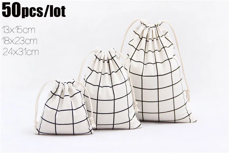 

50Pcs/lot Fashion Lattice Linen Jute Drawstring Gift Bags Sacks Wedding Birthday Party Business Gift Bags Supplies