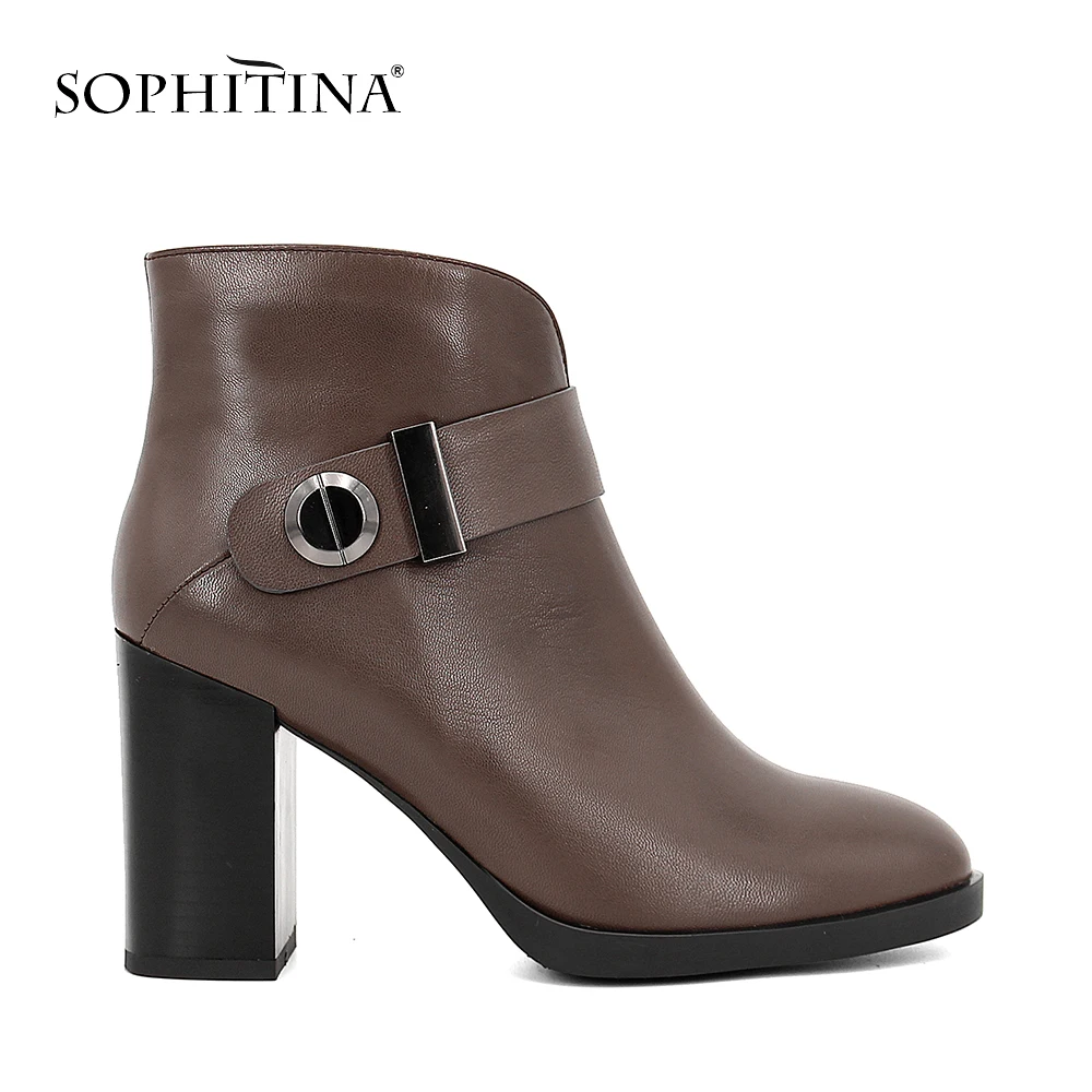 SOPHITINA/; ботильоны из коровьей кожи на молнии с круглым носком; зимняя обувь на очень высоком квадратном каблуке; модные ботинки с металлическим украшением; B36