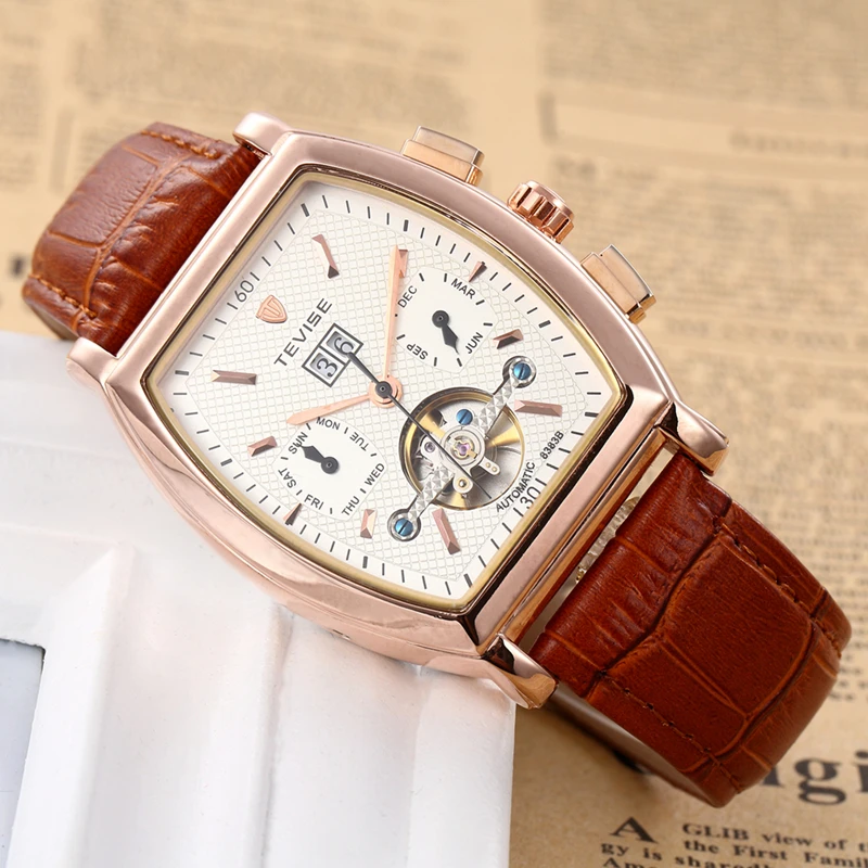 TEVISE Мужские автоматические часы Tonneau с циферблатом стимпанк Tourbillon часы Механические самовздувающиеся кожаные Наручные часы с календарем 8383B