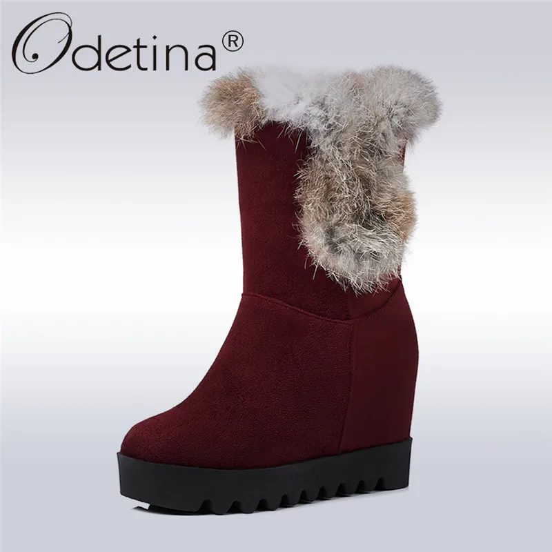 Odetina/Новые Модные женские зимние ботинки на кроличьем меху танкетке со скрытым
