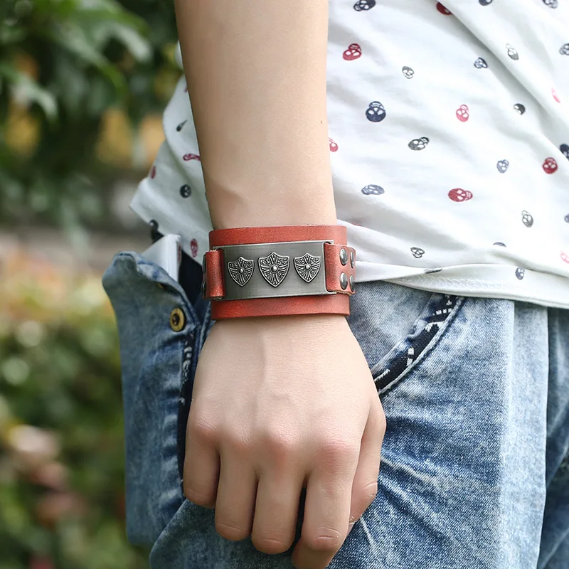 Fashion Vintage Punk Wide Genuine Leather Cuff Bracelet Alloy Shield Charm Buckle Bangle Wrap Women Wristbands Retro Men Jewelry | Украшения