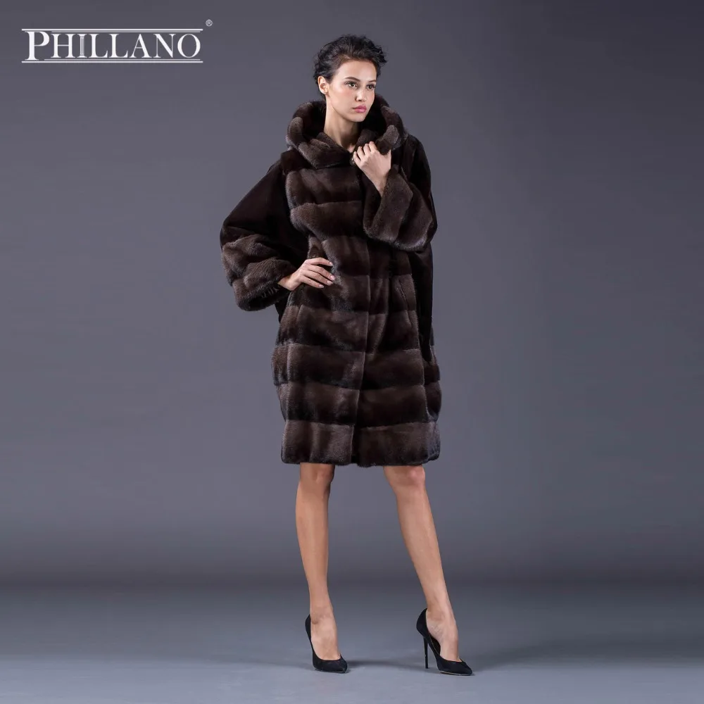 PHILLANO Стильная Летучая Мышь Фасон, Женское Зимнее Полупольто С Капюшоном, Новое Поступление Женская Куртка Меховая из Норки, Шубы Из Меха Норки Скандинавия Дания Цвет Черный, Шоколадый, Palomino YG12091-100