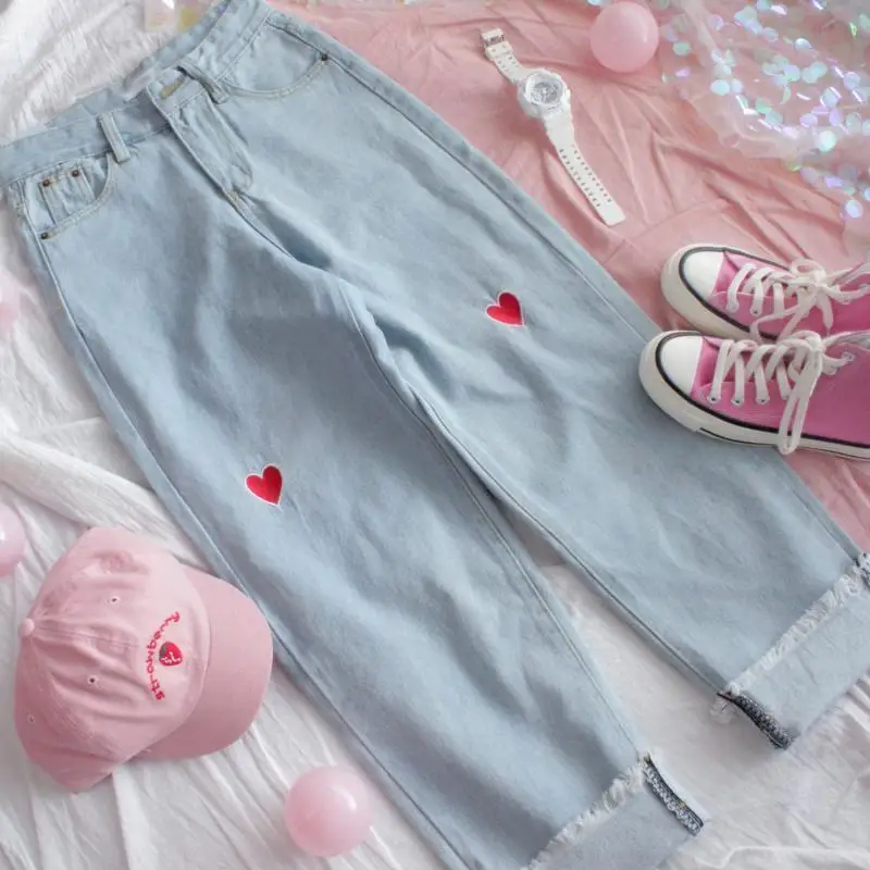 Харадзюку джинсовые широкие брюки японские Kpop Kawaii сердце вышивка Высокая талия