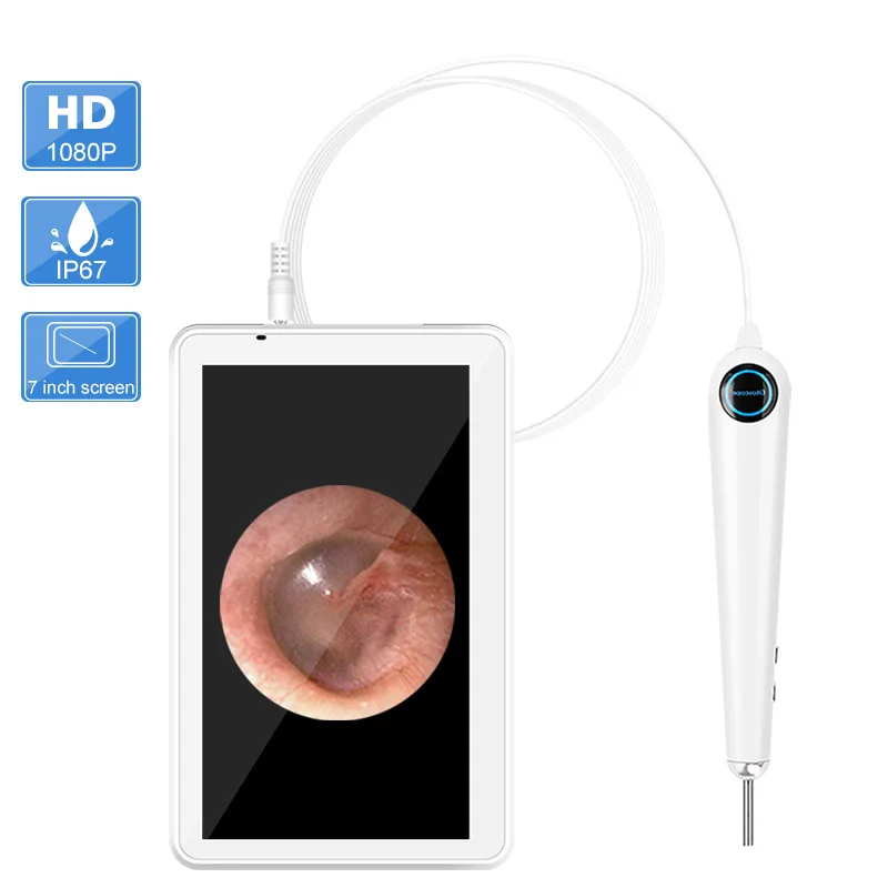 3.9ММ 1080P Эндоскоп для чистки ушей с 7-дюймовым ЖК-экраном, 6 регулируемыми светодиодными лампами и ложкой для удаления серы.