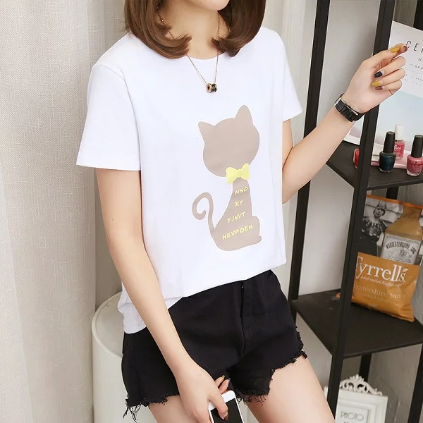White T-Shirt Новинка года; сезон лето; милые женские футболки с короткими рукавами и круглым вырезом и принтом кота для девочек; Повседневная футболка с героями мультфильмов для студенток женские топы; футболки - Цвет: White T-Shirt