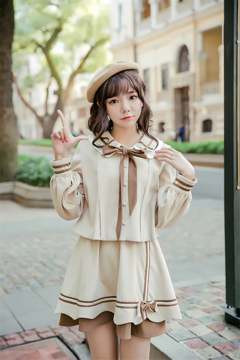 Осень 2018 милый японский колледж рубашка с круглым воротником и мини-юбка