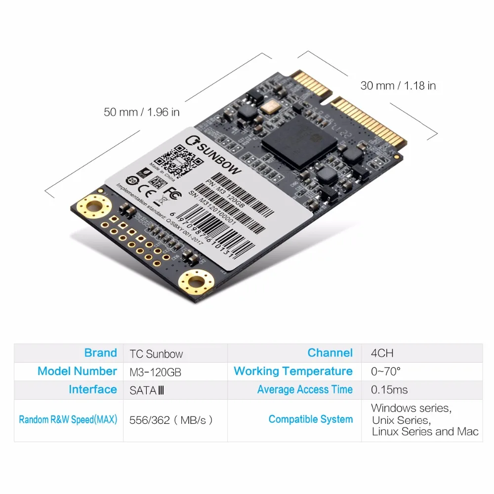 TC-SUNBOW M3-120GB SSD мини SATA3(6,0 ГБ/сек.) MSATA 120 ГБ 128 твердотельный накопитель для настольных портативных ПК MacPro Бесплатный подарок с учетом