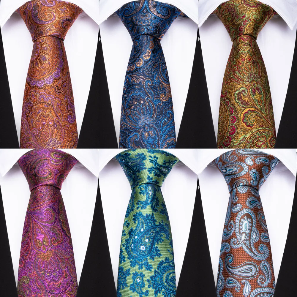 

DiBanGu Red Pink Blue Green Brown Paisley Men's Ties Hanky Cufflinks Set 100% Silk Neck Tie For Men Wedding Party Necktie Cravat