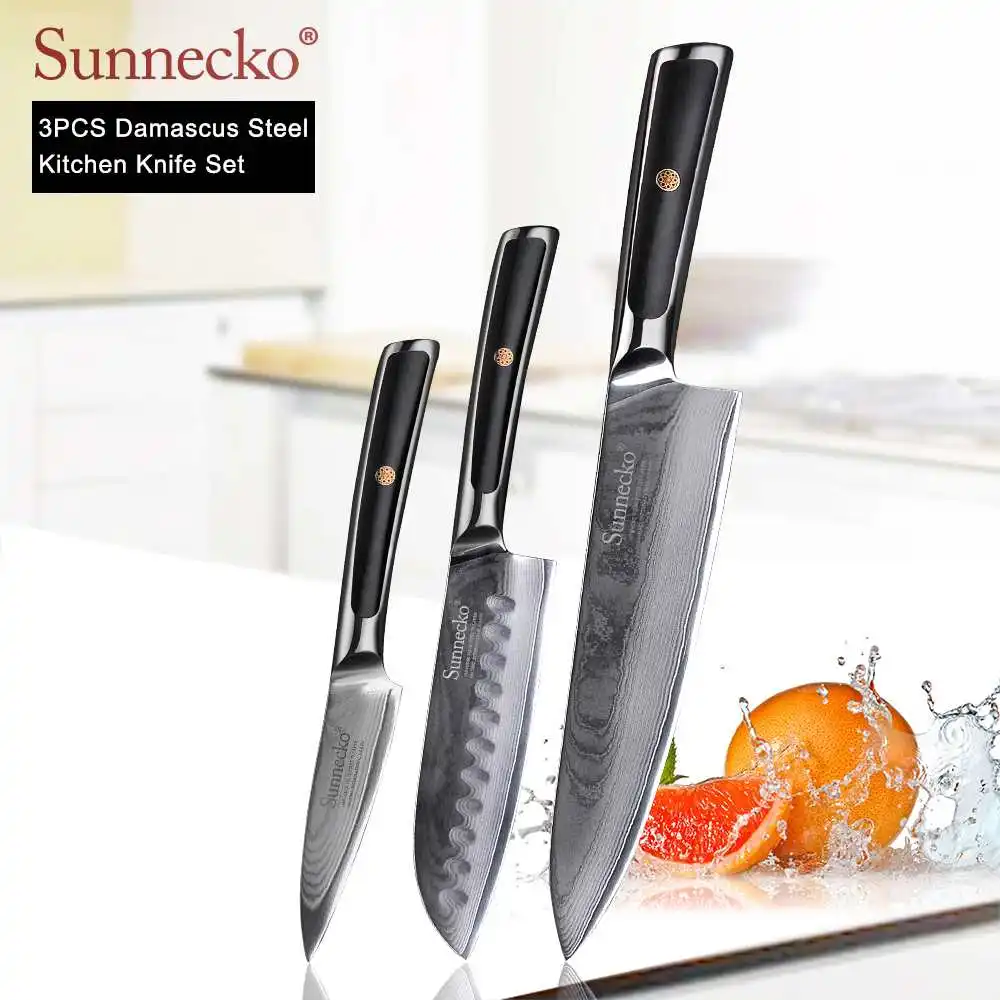 3pcs Set F SUNNECKO дамасский нож шеф-повара для очистки хлеба Santoku нож для стейка японский VG10 Сталь G10 ручка для резки мяса набор кухонных ножей - Цвет: 3pcs Set F