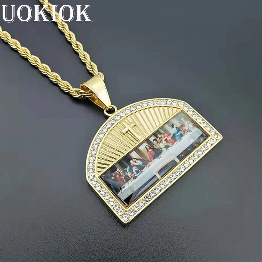 Hip Hop Iced Out The Last Supper Pendant Necklace Male Gold Color Stainless Steel Cross Necklaces Religious Jewelry