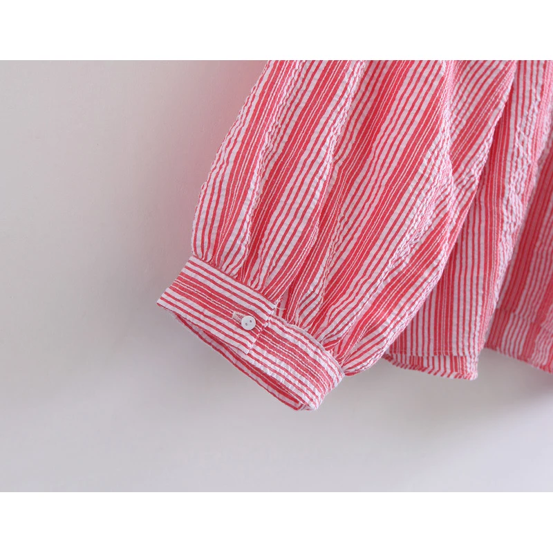 PERHAPS U women o neck red white striped lantern sleeve three quarter button high street loose blouse shirt B0049 |