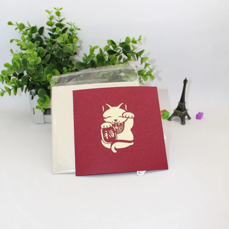 3D лазерная открытка ручной работы гравировка счастливая Милая японская кошка