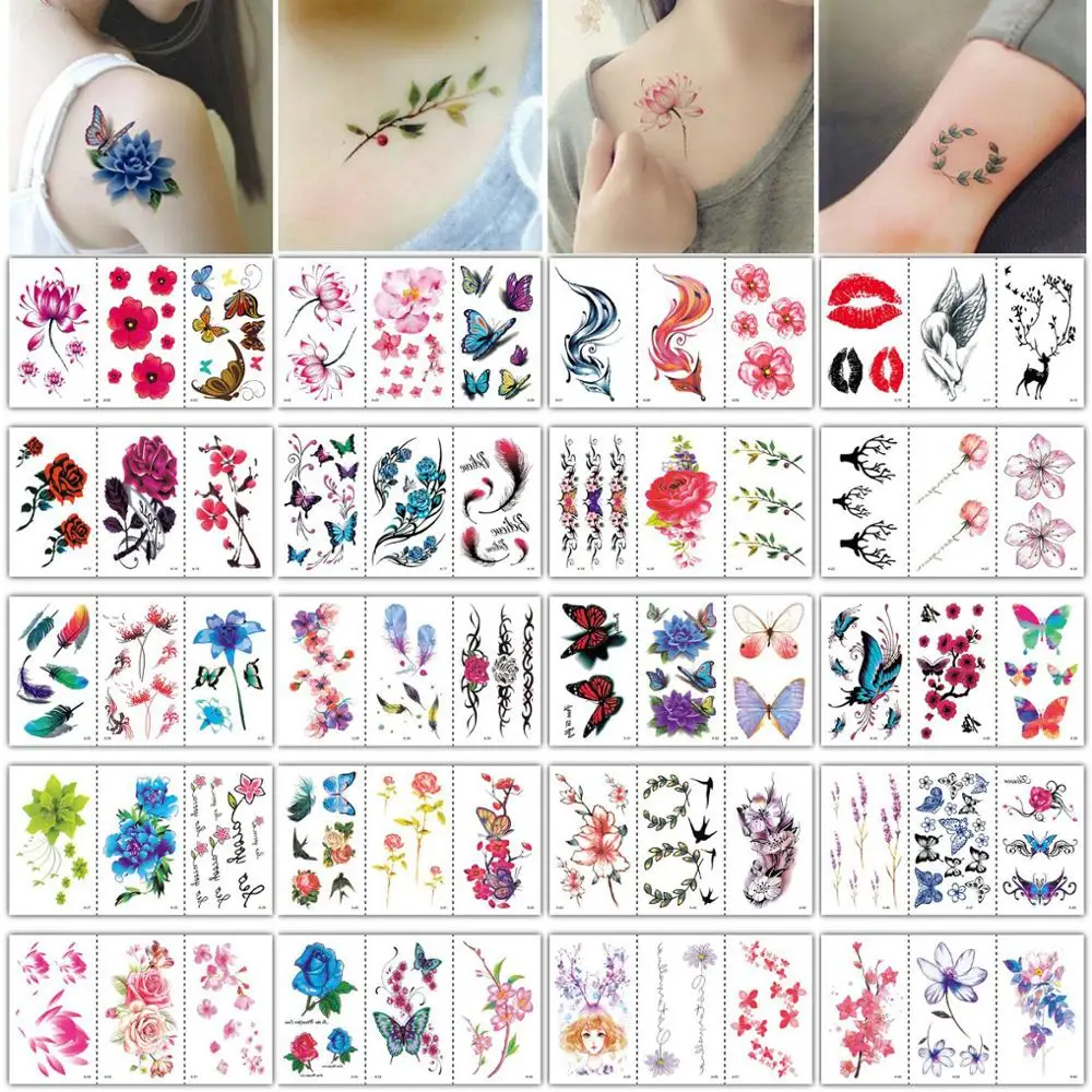 

60pcs/lot temporary tattoo sticker flower butterfly sexy tattoo for women temporary wrist tattoos rose lotus small tatoo sheets