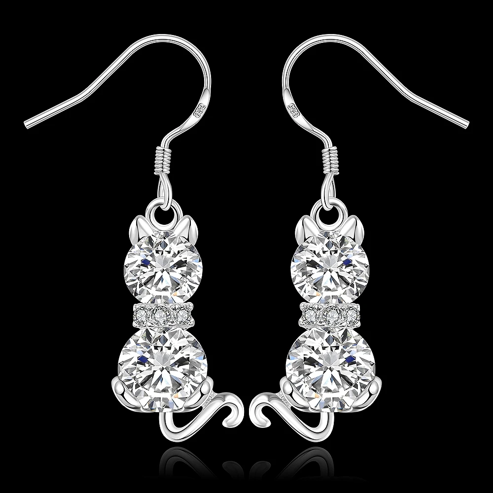 Серьги в форме котенка кота с двойными камнями Модные посеребренные Свадебные