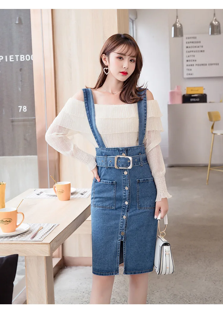 Women'S Skirt High Waist Suspender Denim Skirts With Sashes Spring Summer Elastic Student Jumper Overall Skirts Female