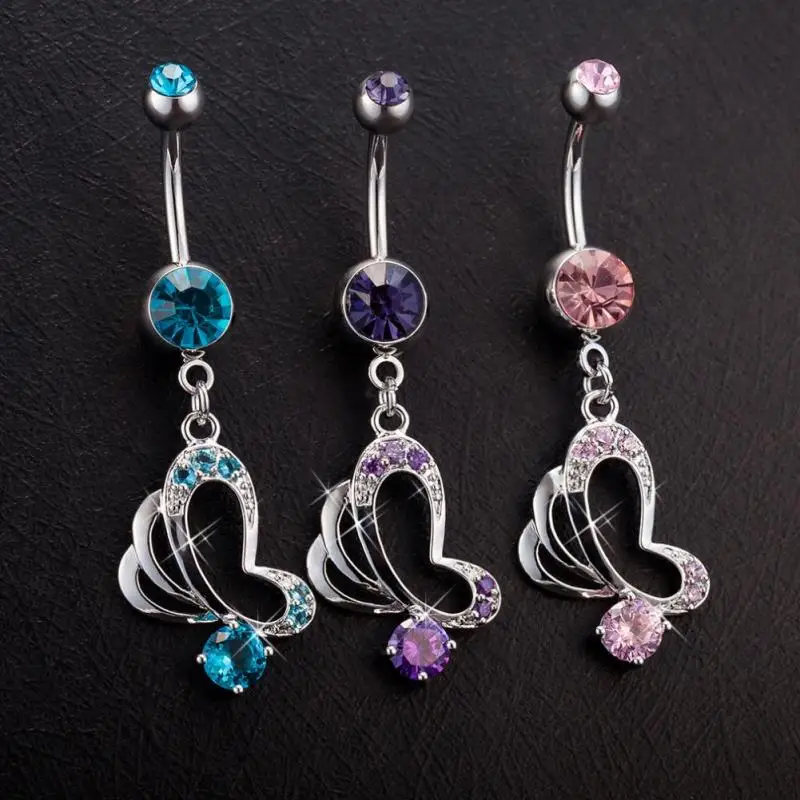 Серебряный Цвет Полые Бабочка кисточкой мотаться пупок колец фиолетовый синего