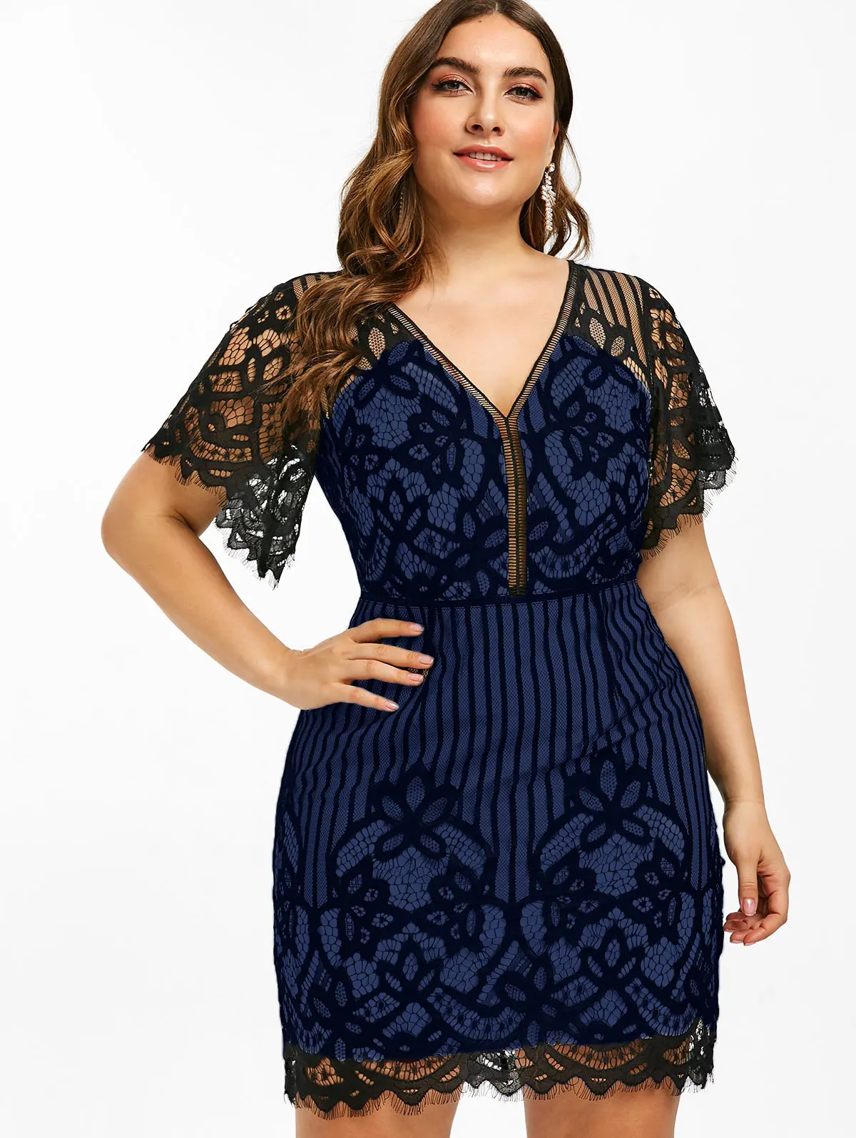 Женское кружевное мини платье с глубоким вырезом ROSEGAL летнее облегающее