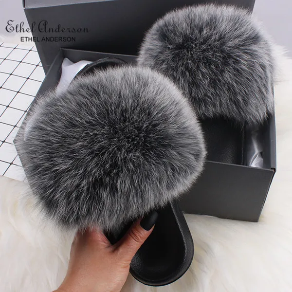 Speckle Black ; Коллекция года; шлепанцы с натуральным плюшевым лисьим мехом; женские летние Вьетнамки; милые праздничные сандалии с пушистым мехом енота - Цвет: Speckle Black