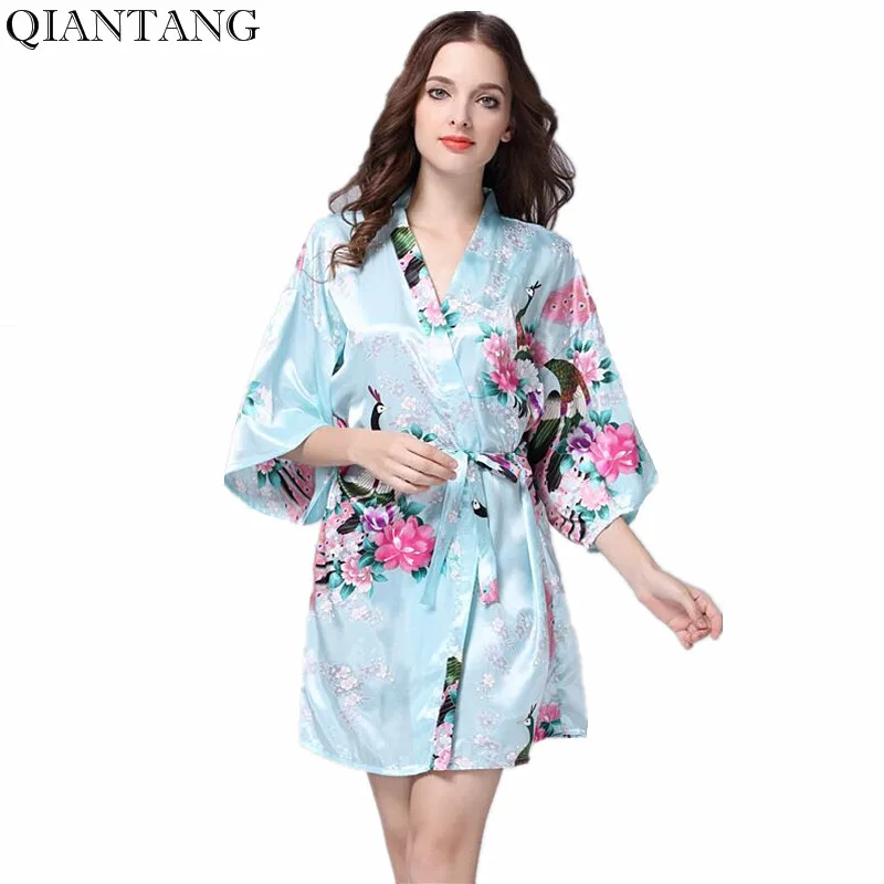 Açık Mavi Çin kadın Ipek Rayon Elbise Kimono Banyo Elbisesi Moda Bayan Gecelik Mujer Pijama Boyut S M L XL XXL XXXL Xsz026G