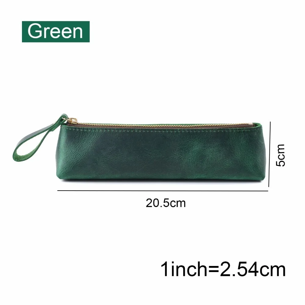 Green Натуральная кожа, на молнии, пенал для ручек, сумка для карандашей, большая емкость, винтажная, Crazy Horse, кожа, ручная работа, креативная, школьная, стационарная - Цвет: Green