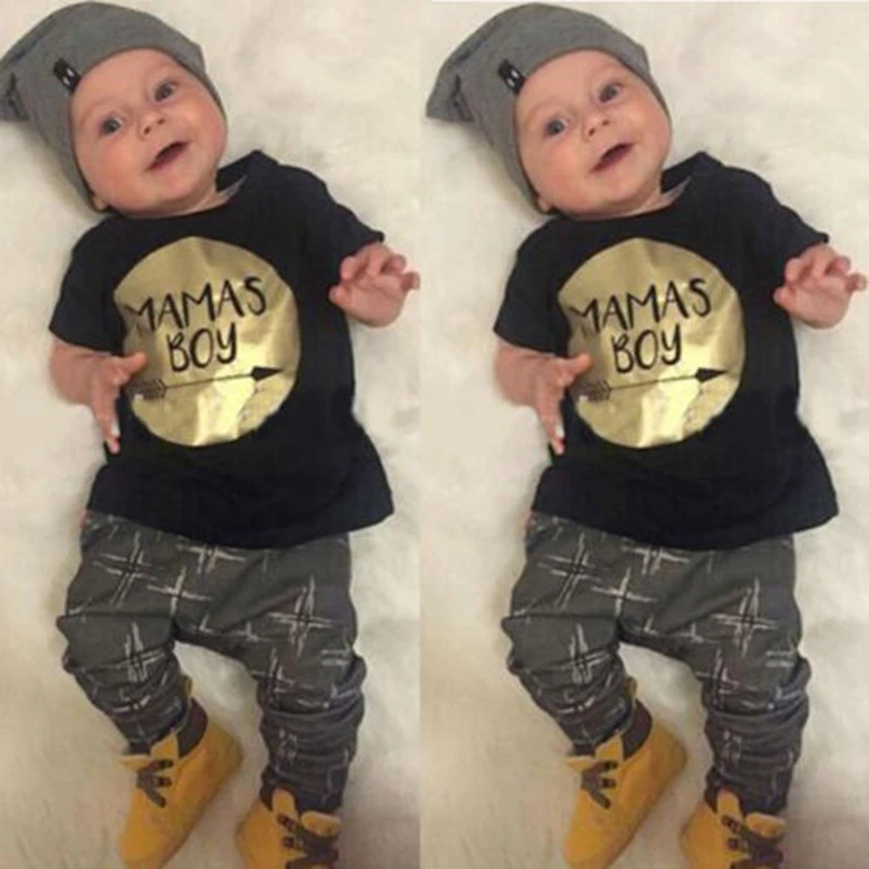 Baby Boys Summer Casual cotton Clothes Black Letter T-shirt Tops Toddler Gray Print Long Harem Pants Outfits |