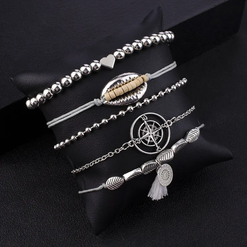 5Pcs/ Set Boho Compass Carved Leaf Shell Heart Beads Chain Bracelet Women Charm Multilayer Party Combination | Украшения и