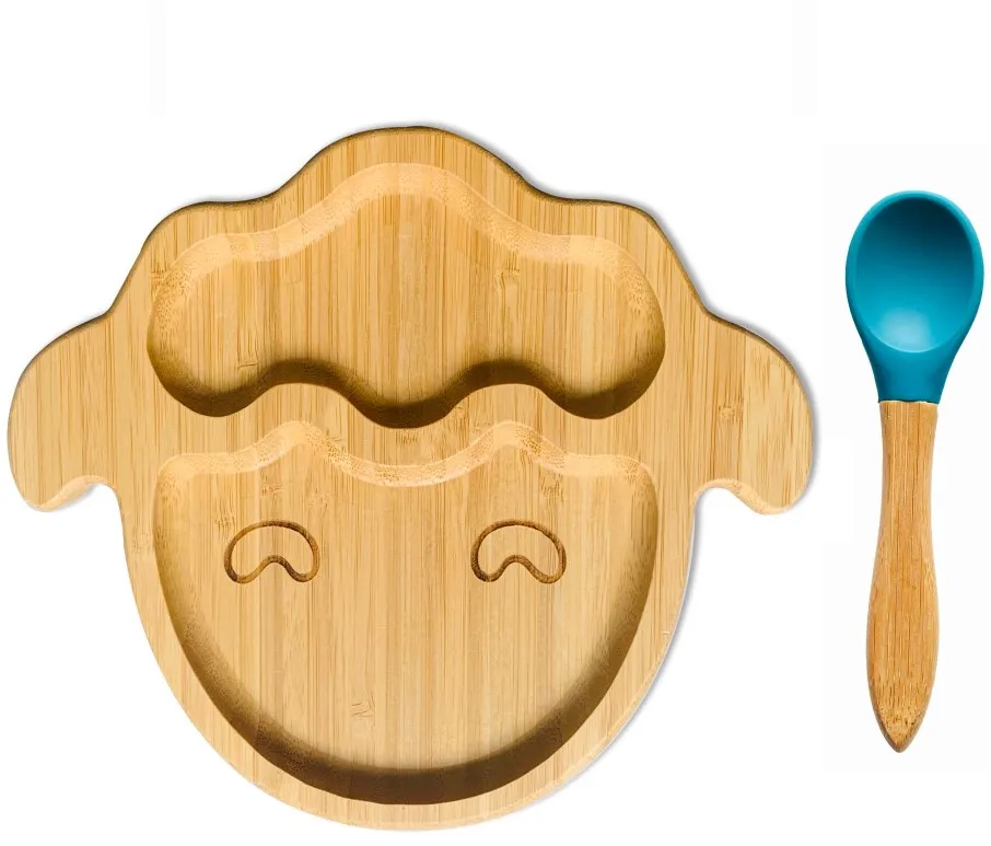 Blue Plate and Spoon Миска на присоске из бамбука и силикона, детская Тарелка на присоске, Бамбуковая посуда для кормления детей, миска для кормления ребенка - Цвет: Blue Plate and Spoon