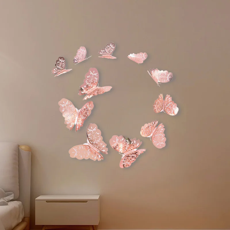12 шт., 3D Наклейка на стену с бабочкой, 3 размера, серебристые, золотые, полые бумажные наклейки, вечерние, свадебные, подвесные, декоративные наклейки, товары для дома